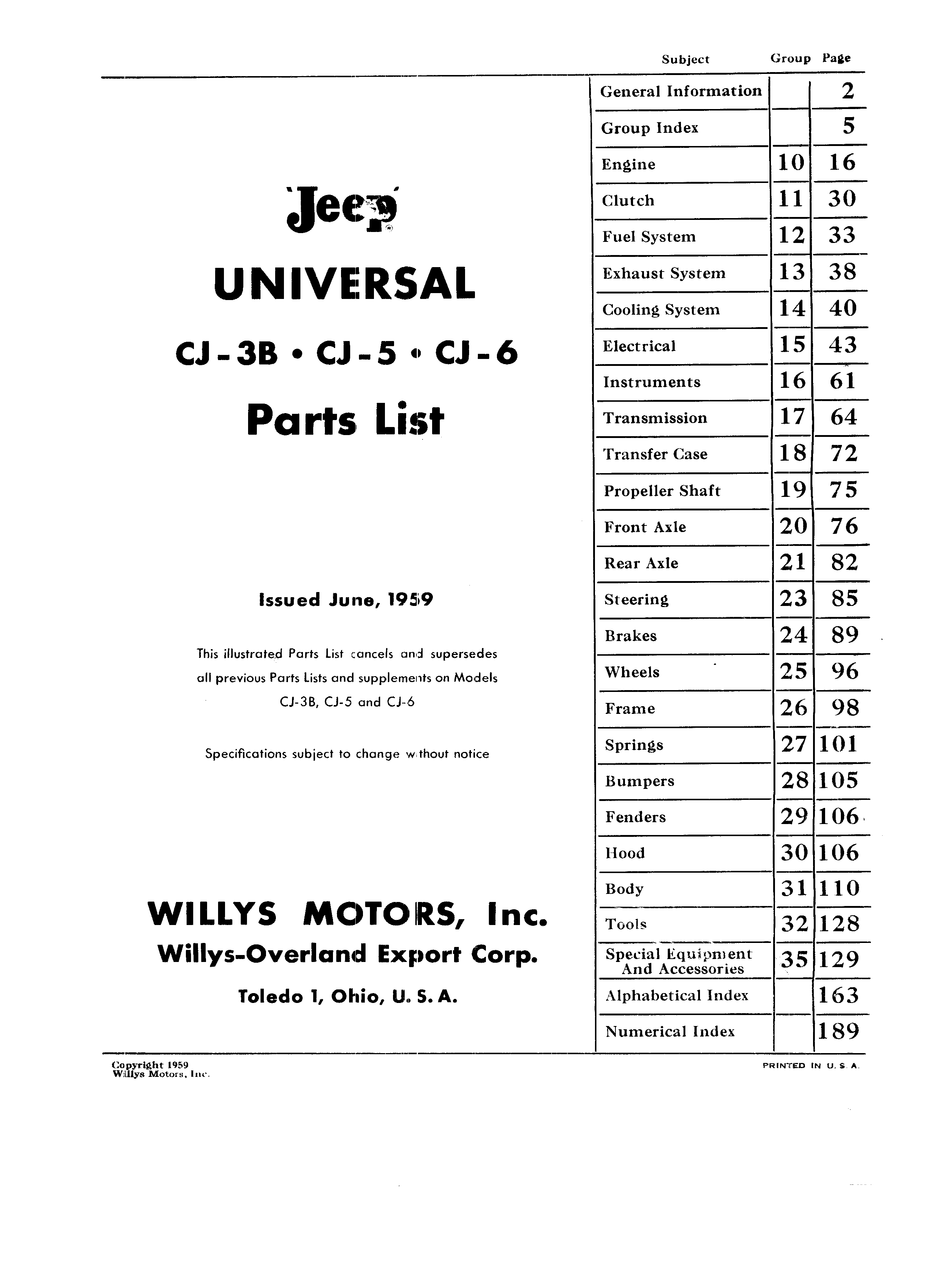 Jeep Universal Parts List June 1959